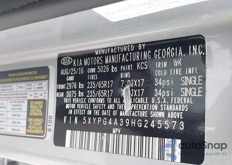 2017 Kia Sorento 2.4L L from USA, damaged, VIN 5XYPG4A39HG245573